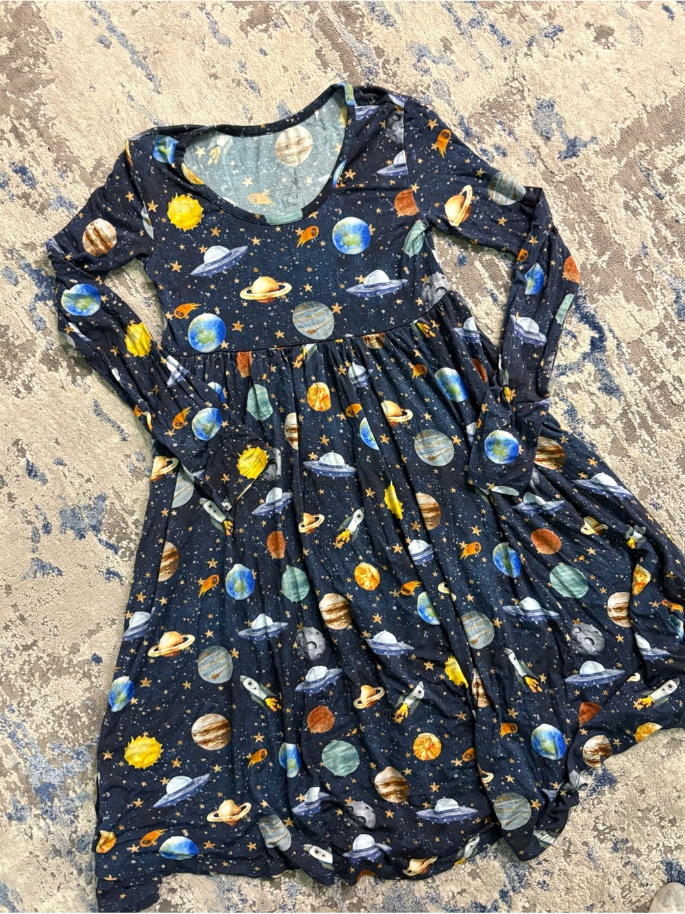 Posh Peanut Girls' Navy Space Planet Long-Sleeve Dress